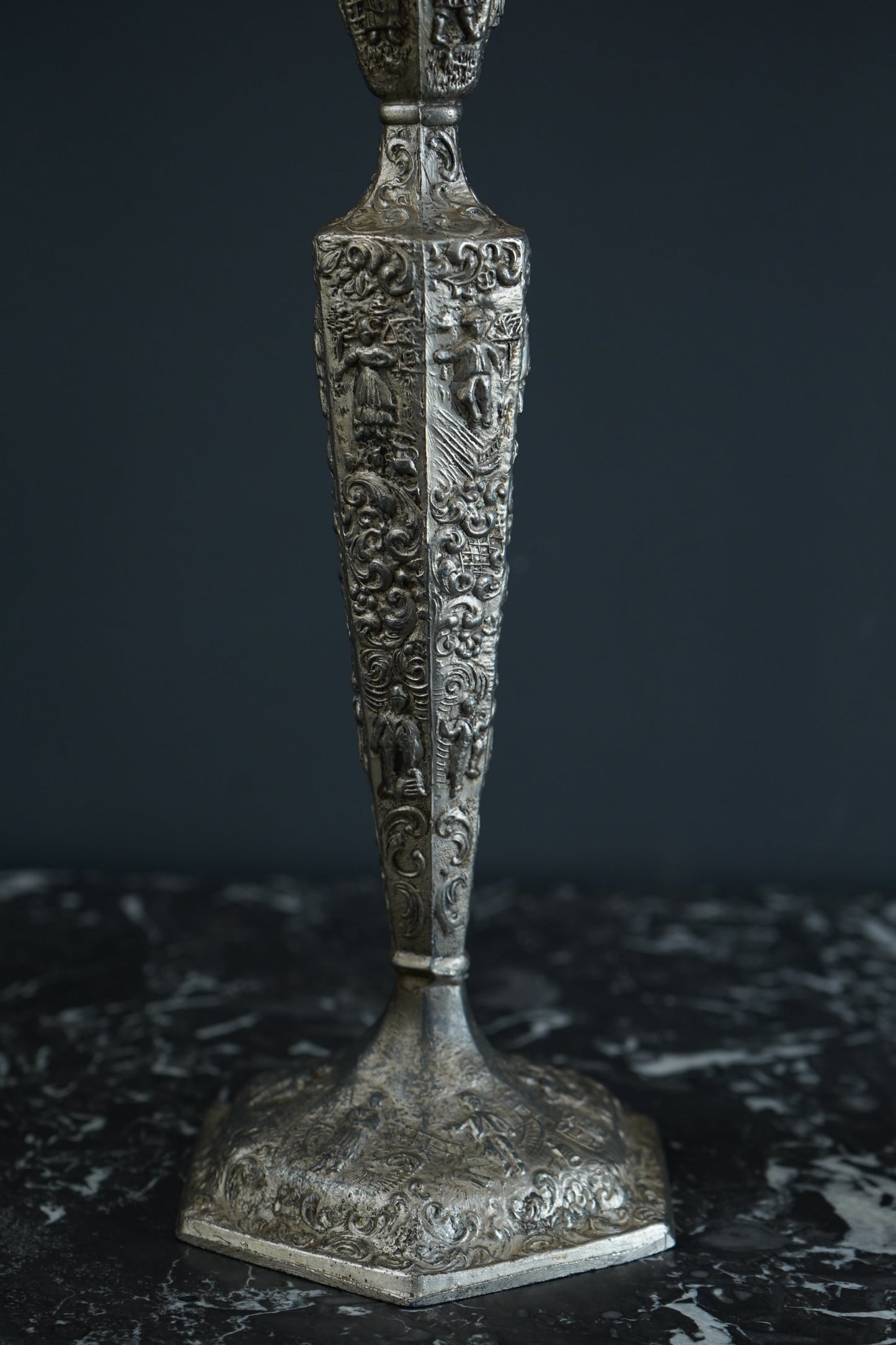 Pair of Weidlich Brothers Dutch Windmill Repoussee Silver Plated Candleholders, Pair of Vintage Silver-Plated Candlestick Holders