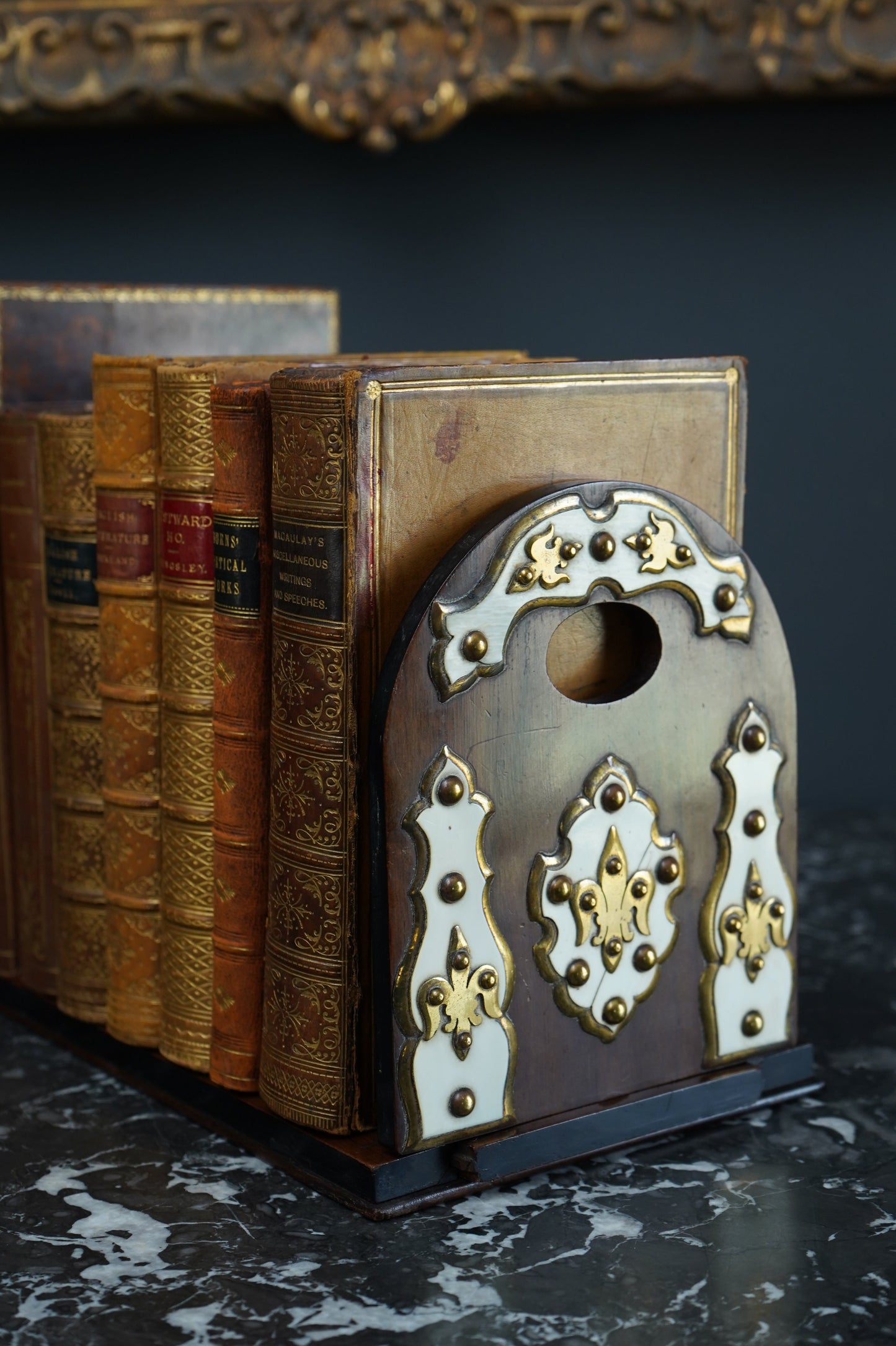 Antique Victorian Walnut, Brass & Bone Book Slide | English Expandable Book Holder c. 1870–1900