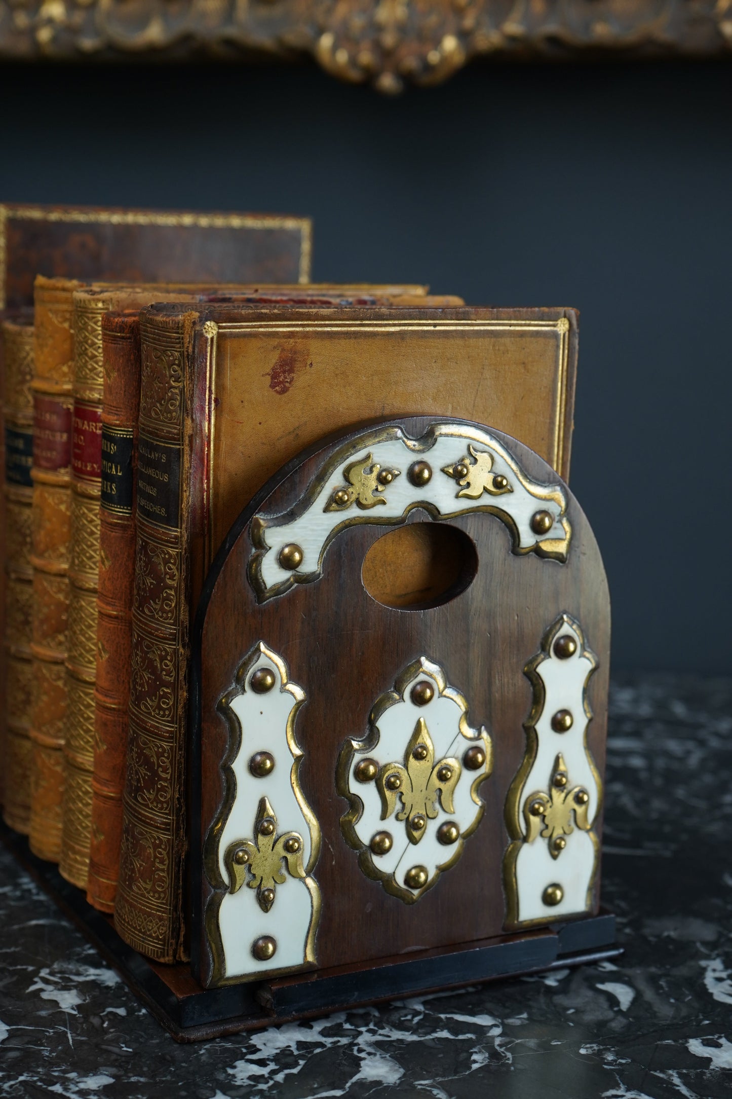 Antique Victorian Walnut, Brass & Bone Book Slide | English Expandable Book Holder c. 1870–1900